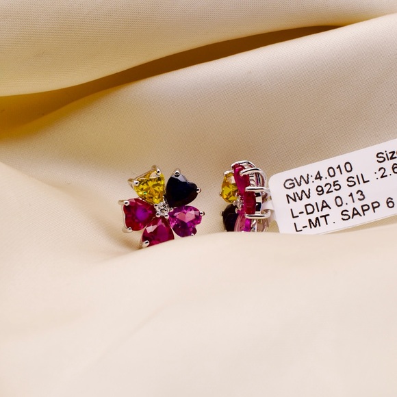 925 Silver Geometric Multi-Color Earrings | 6.61 CT Lab Sapphire+0.13 CT Diamond - Picture 11 of 11